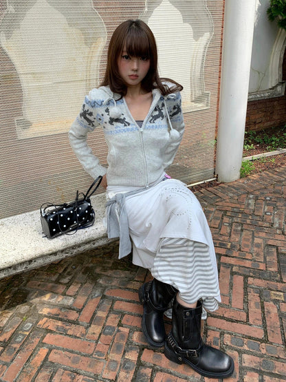 Fair Isle Reindeer Knit Cardigan Cozy Winter Short Sweater