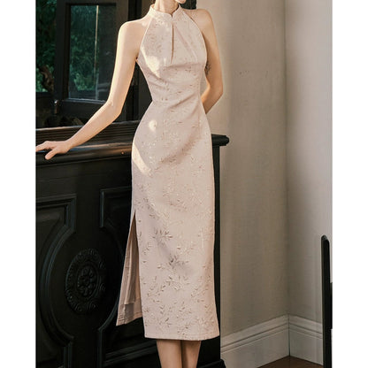 Modern Chinese Pink Jacquard Slit Gown Dress