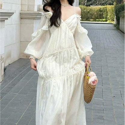 French V Neck Spaghetti Strap Bubble Sleeve White Gown Dress