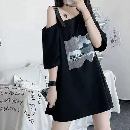 Black Subculture Y2K E-girl Off-Shoulder Mid-Length Lunar Eclipse Print Niche Oversized Short-Sleeve Top