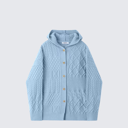 Blue Hooded Knit Cardigan Women