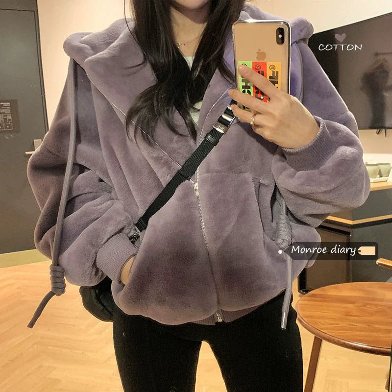 Purple Y2K Hooded Cropped Fuzzy Puffer Jacket