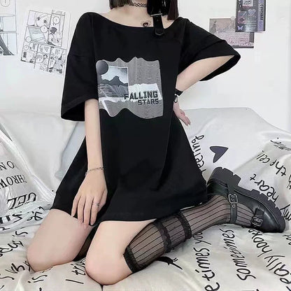 Black Subculture Y2K E-girl Off-Shoulder Mid-Length Lunar Eclipse Print Niche Oversized Short-Sleeve Top