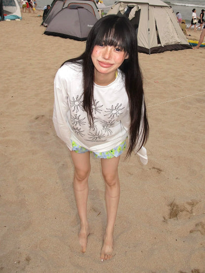 Korean Lazy Chic White Long Sleeve Tee  Sunflower Print Cotton Loose Fit Top