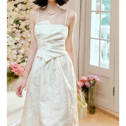 French 3D Jacquard Spaghetti Strap Gown Dress