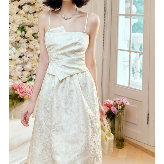 French 3D Jacquard Spaghetti Strap Gown Dress