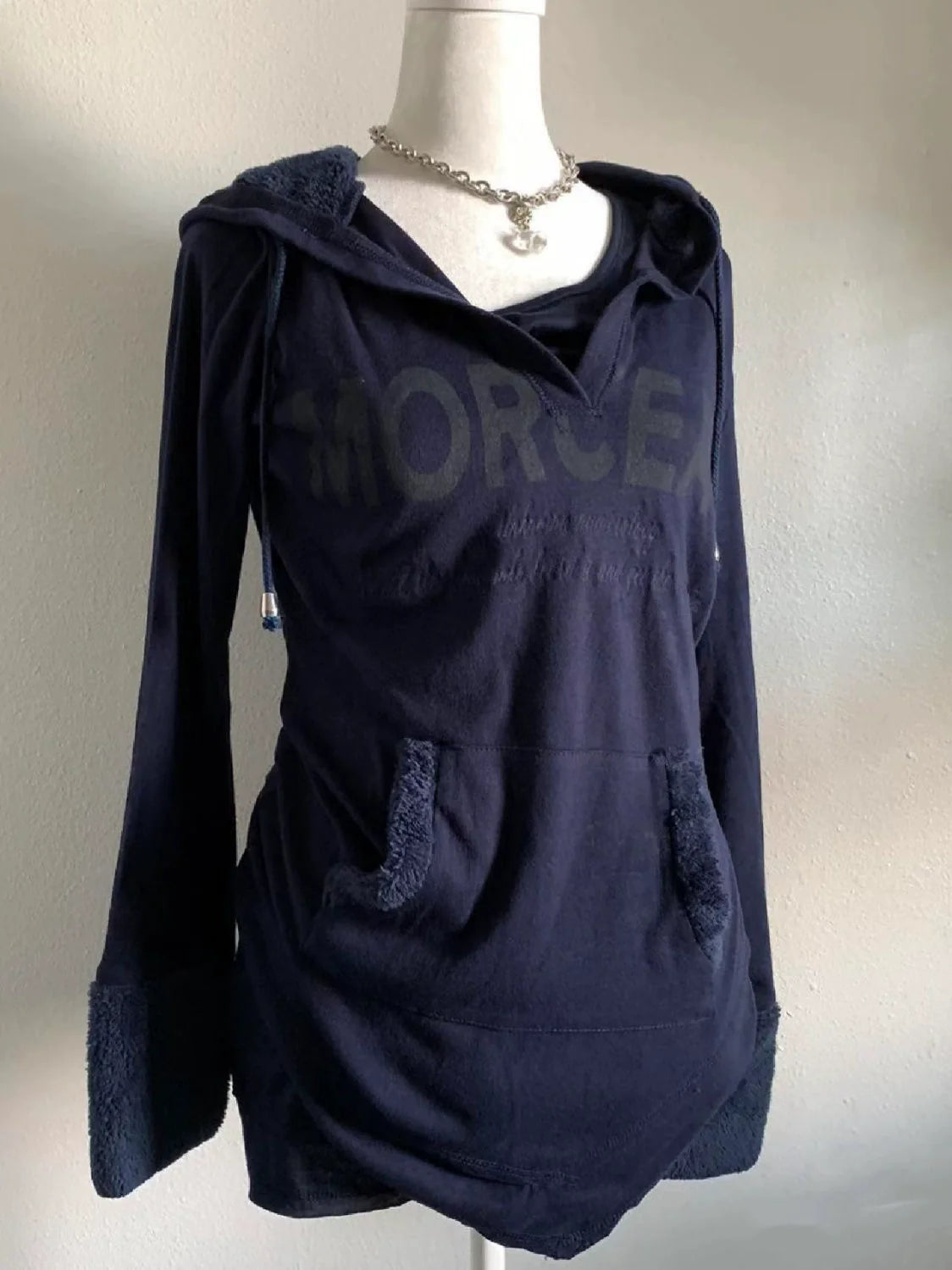 Dark Blue Lamb Wool Patchwork Hoodie Subculture Punk Y2K E-girl Retro Autumn/Winter Hooded Sweatshirt