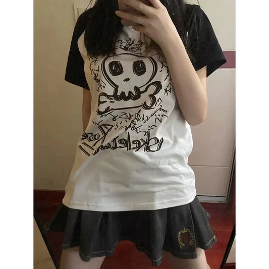 Black and White Bone Print Color Block Raglan Sleeve Oversized Y2K T-Shirt