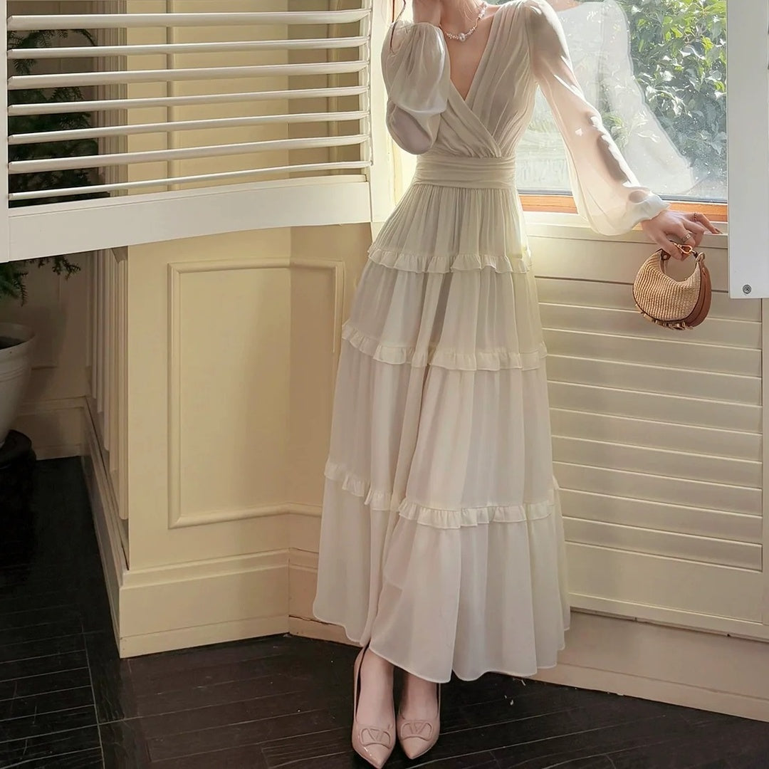 French Chiffon V Neck Ruffle Bubble Sleeve Gown Dress