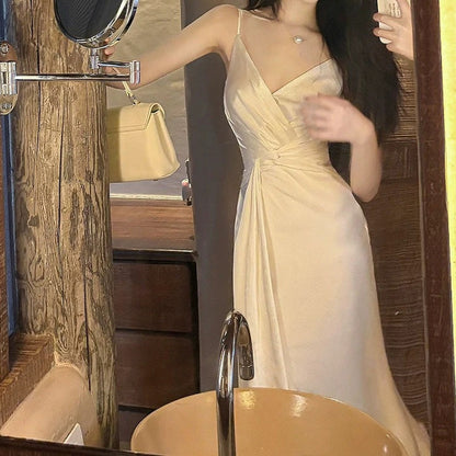 French White Satin Spaghetti Strap Mermaid Gown Dress