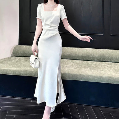 French White Short Sleeve Satin Engagement Gown Dress