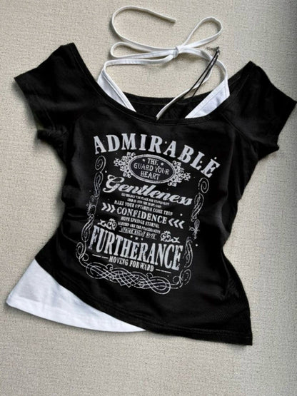 White Subculture Y2K E-girl Abi American Retro Letter Print Halter Fake Two-Piece Short Sleeve Top