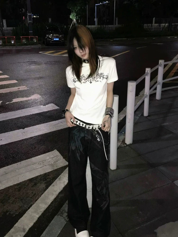 White Graphic Print Y2K T-Shirt