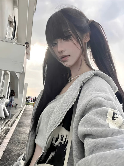 High Street Patch Embroidered Zip Up Hoodie Heavyweight Streetwear Top