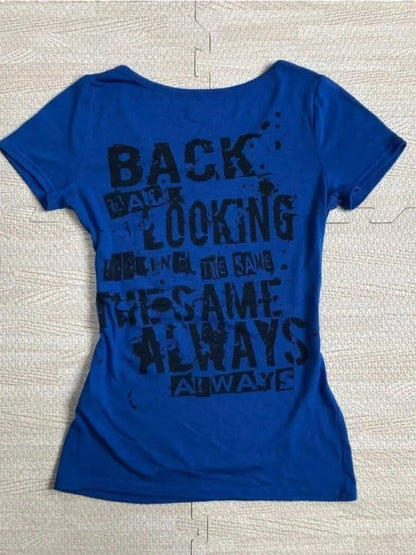 Blue Rock Punk Vintage Skull Print Y2K T-Shirt