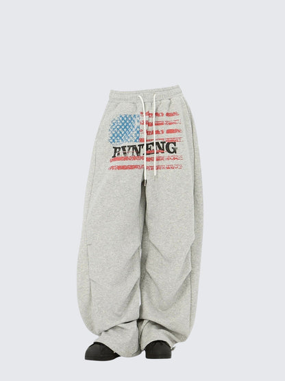 American Letter Print Wide Leg Sweatpants