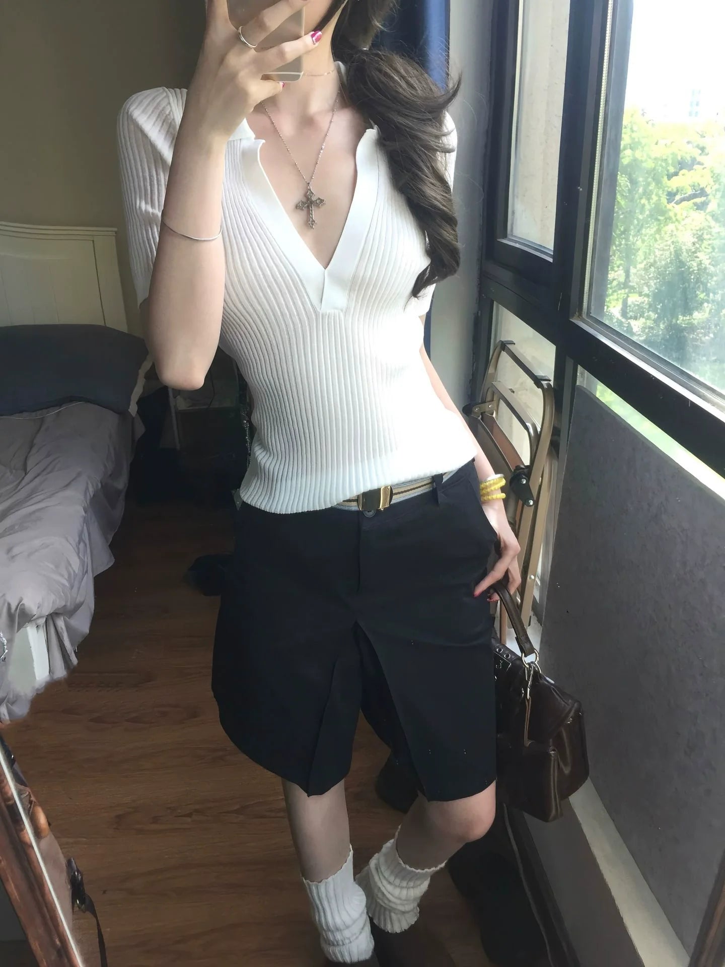 Old Money Deep V Knit Top Elegant Short Sleeve Slim Fit T-Shirt