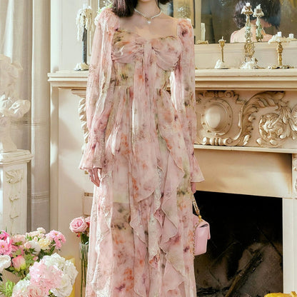French Floral Long Sleeve Strapless Gown Dress
