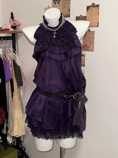 Purple Satin-Lace Halter Waist-Cinched Vintage-Style Tiered Dress