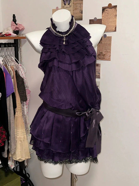Purple Satin-Lace Halter Waist-Cinched Vintage-Style Tiered Dress