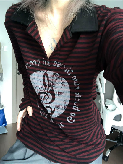 Subculture Black-Red Striped Polo Top Music Note Print Visual Kei Shirt