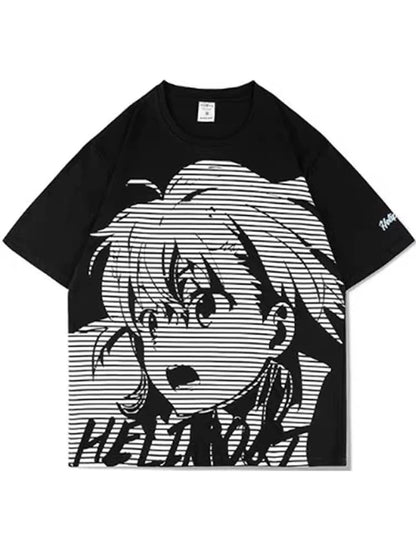 Black Tarmac Print Set Subculture Punk Y2K Japanese Anime T-shirt + Black Tiered Skirt Set