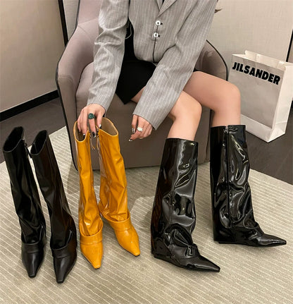 Wedge Trouser Boots High Heel Knee High Women European Spicy Girl Pointed Toe Black Patent Leather Trouser Boots