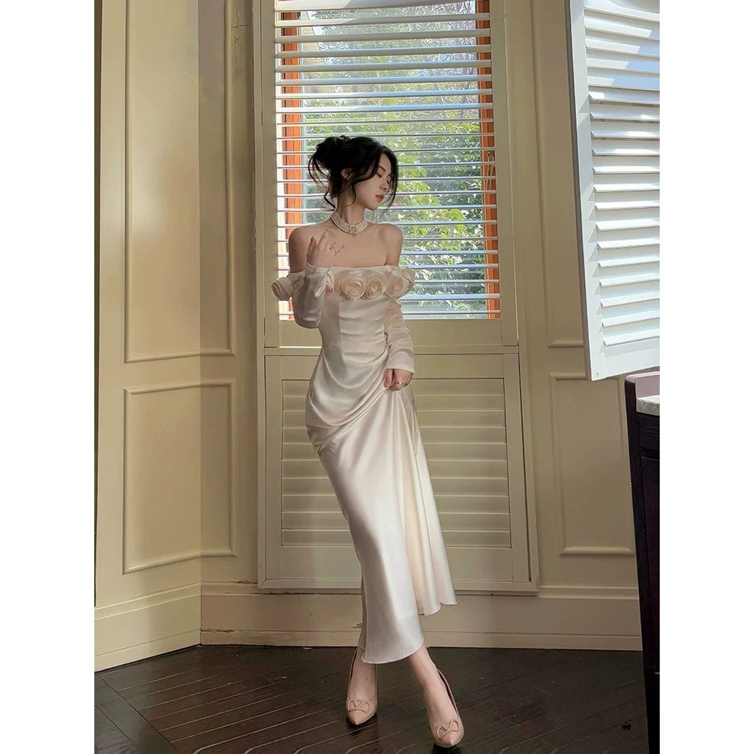 Satin Rose Embroidery Long Sleeve Gown Dress