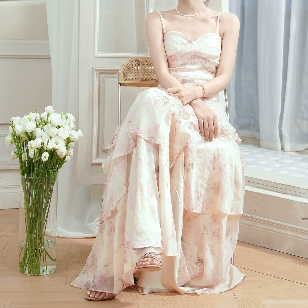French Floral Waist Spaghetti Strap Gown Dress