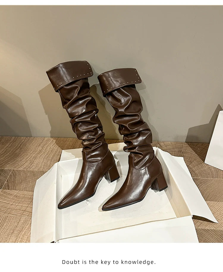 Minimalist Pointed Toe Slouchy Knee High Boots Women New Spicy Girl Chunky Heel Slouchy Over The Knee Slimming Knee High Boots
