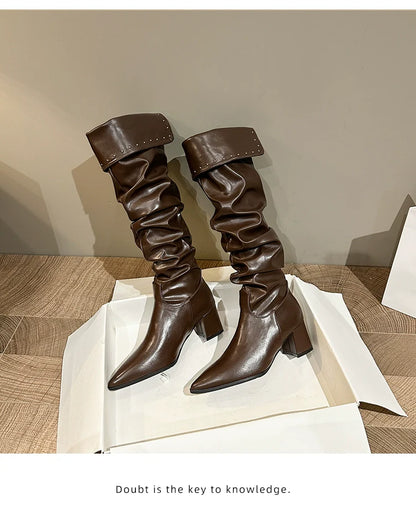 Minimalist Pointed Toe Slouchy Knee High Boots Women New Spicy Girl Chunky Heel Slouchy Over The Knee Slimming Knee High Boots