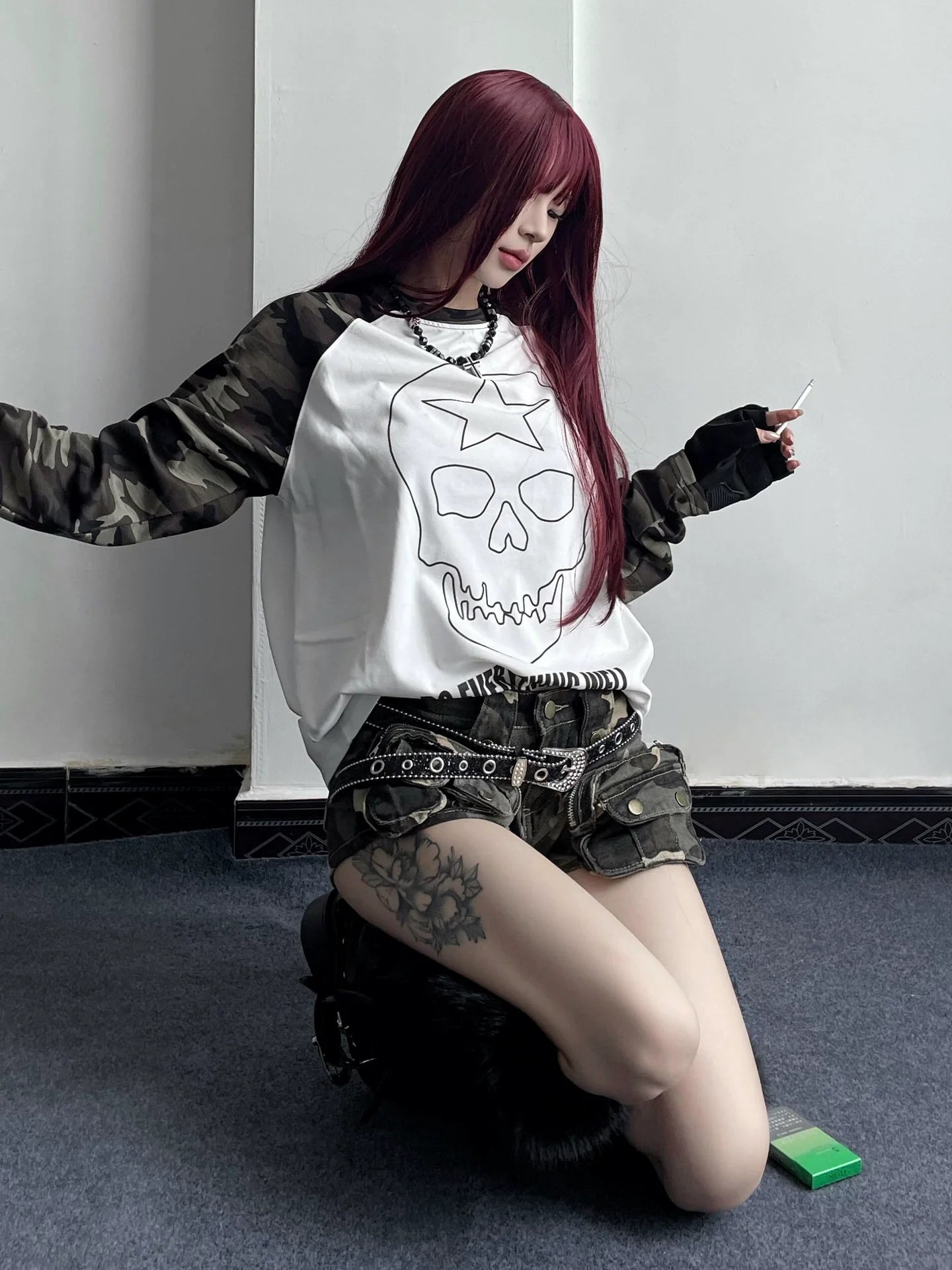 Visual Kei Camo Skull Long Sleeve Tee Autumn Raglan Sleeve Loose Base Top