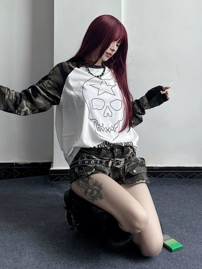 Visual Kei Camo Skull Long Sleeve Tee Autumn Raglan Sleeve Loose Base Top