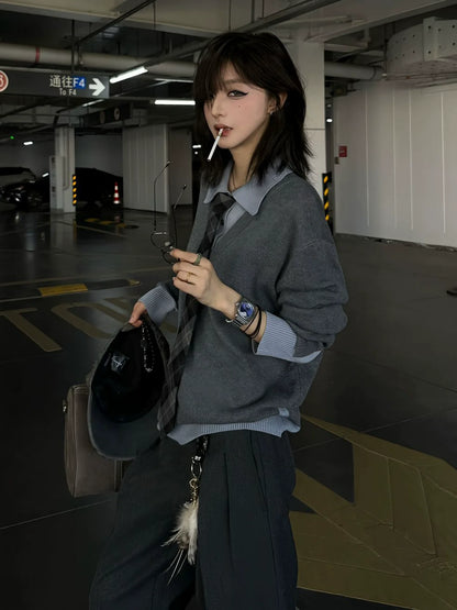 Old Money Fake Layer V-Neck Sweater Polo Collar Knit Pullover Autumn-Winter Cleanfit Top