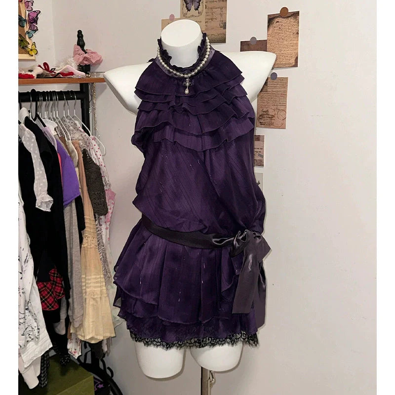 Purple Satin-Lace Halter Waist-Cinched Vintage-Style Tiered Dress