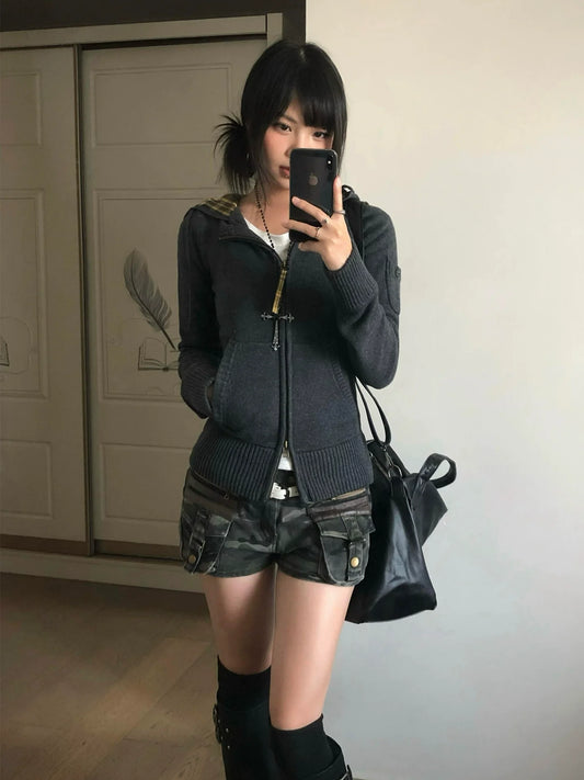 Vintage Plaid Hooded Knit Cardigan for Early Autumn