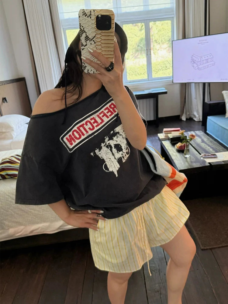 Distressed Letter Print Asymmetric Top for Summer