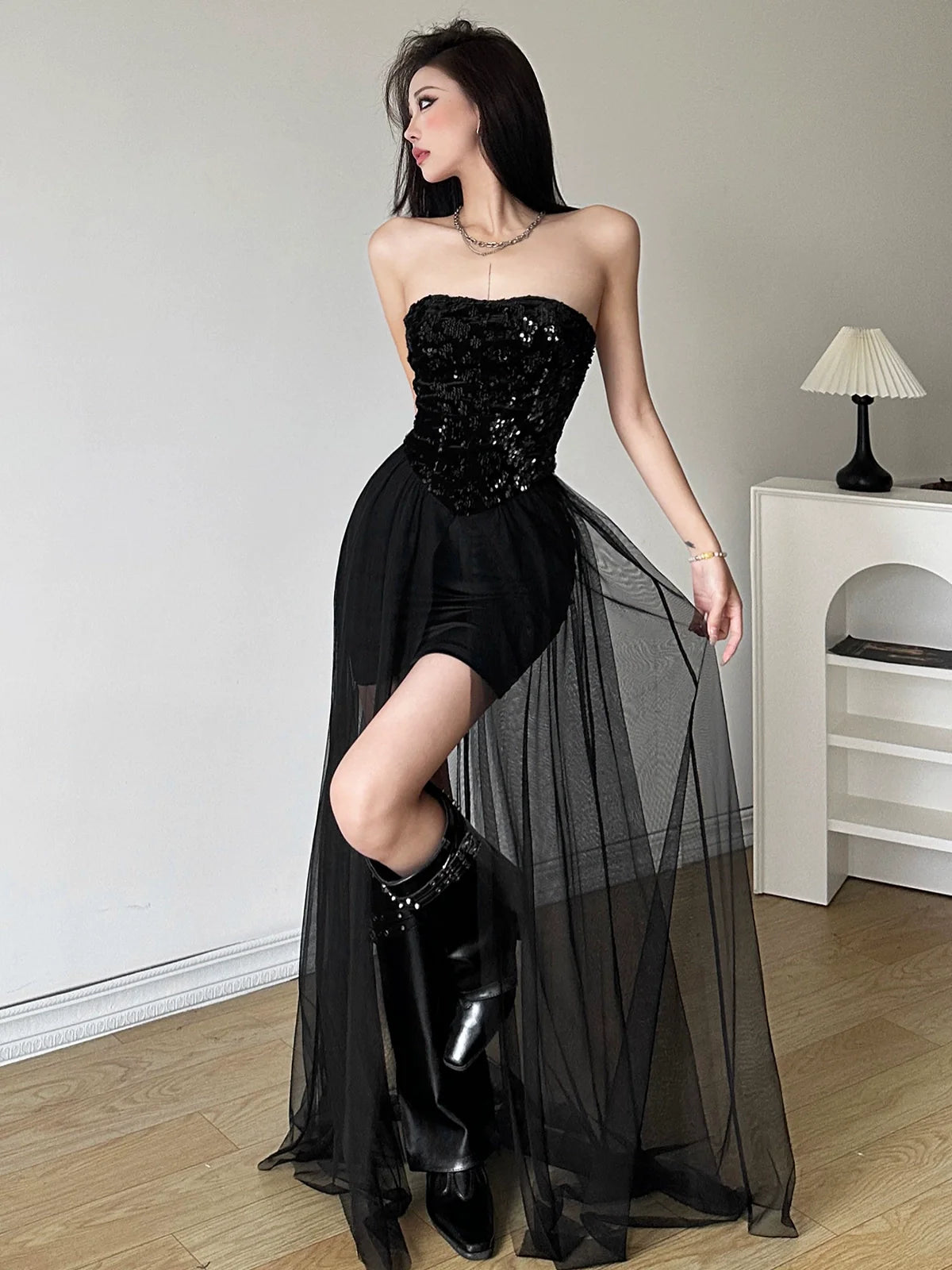 Luxurious Sequin Tube Top Mesh-Paneled Midi Dress