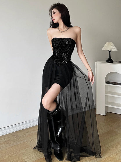 Luxurious Sequin Tube Top Mesh-Paneled Midi Dress