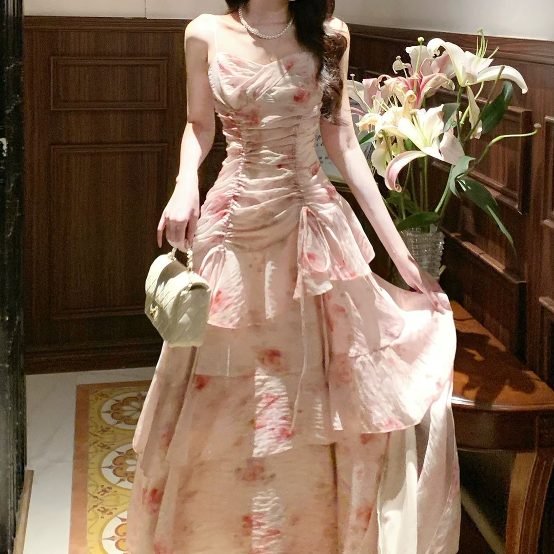 Ruffle Rose Print Spaghetti Strap Gown Dress