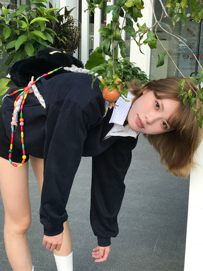 Faux-Layered V-Neck Sweatshirt Smart Academic Stripe Polo Top