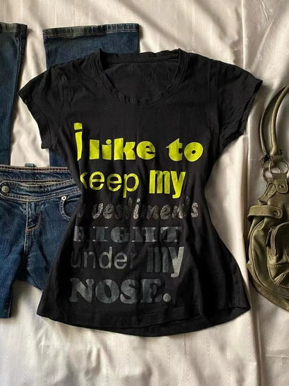 Black American Vintage Letter Print Slim Y2K T-Shirt