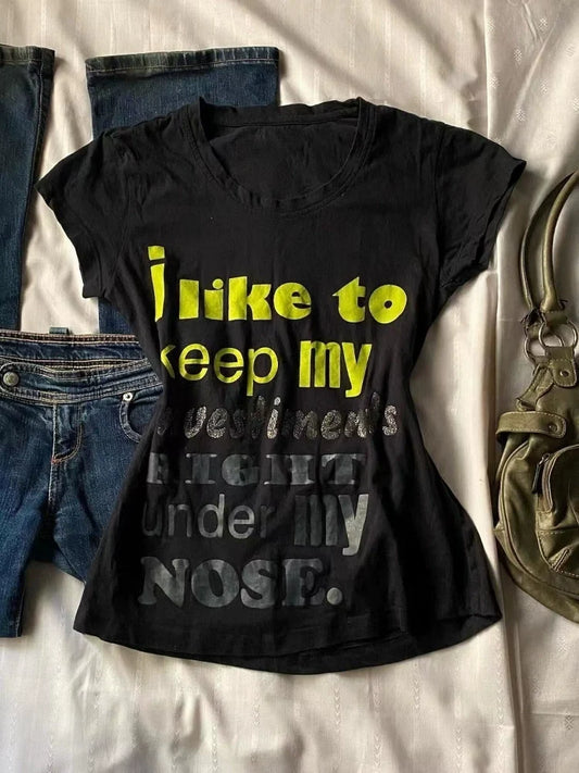 Black American Vintage Letter Print Slim Y2K T-Shirt