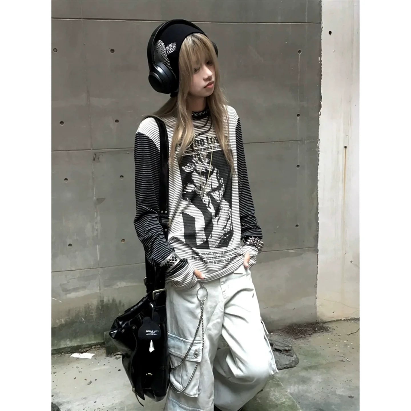 Y2K Subculture Striped Long Sleeve Tee Character Print Visual Kei Top