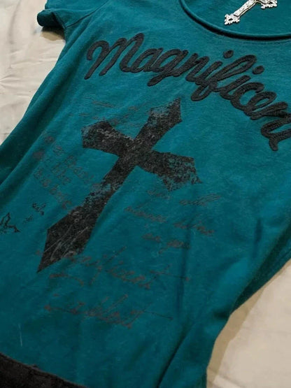 Dark Blue American Vintage Cross Print Y2K T-Shirt