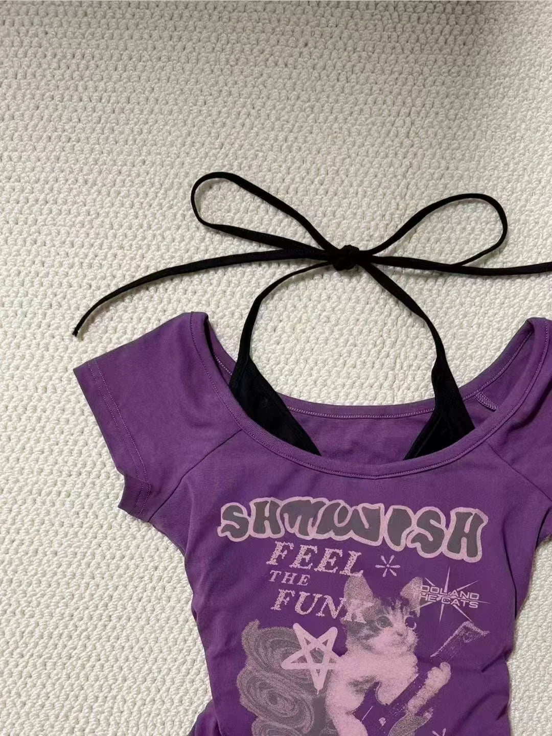 Purple Subculture Y2K Abi E-girl American Retro Fake Two-Piece Halter Short Sleeve Top