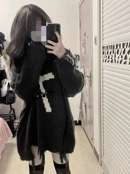 Y2K Punk Cross Distressed Mid-Length Sweater