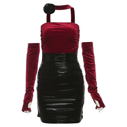 Cold & Chic Boss Lady Color-Block PU Leather Halter Dress With Arm Sleeves