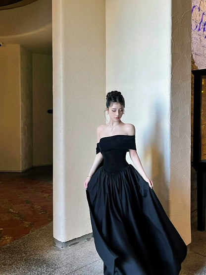 Black Off-The-Shoulder Sash-Detailed Maxi Dress