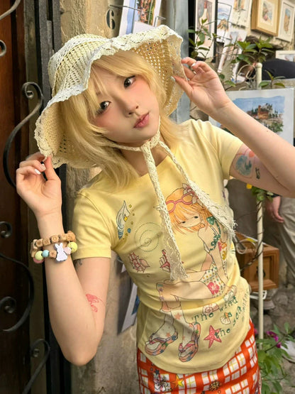 Yellow Anime Print Short Sleeve Tee Summer Slim Fit Y2K Otaku Style Top